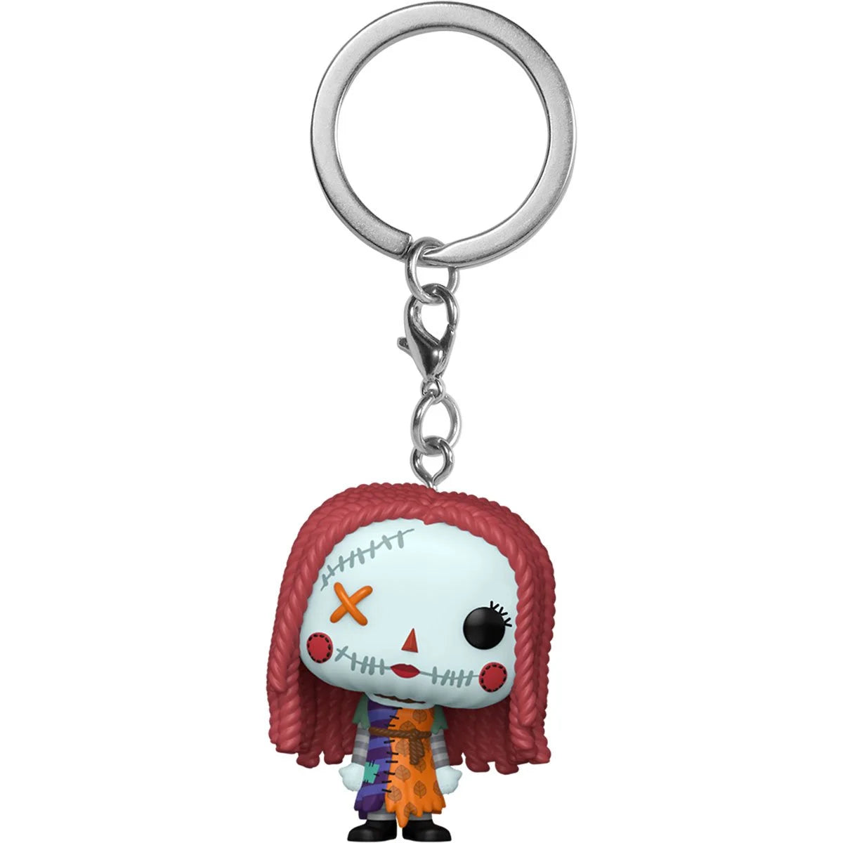 A miniature Funko Pop! figure keychain depicting the character Sally from The Nightmare Before Christmas. Sally's clothes are stitched together from mismatched fabrics.
