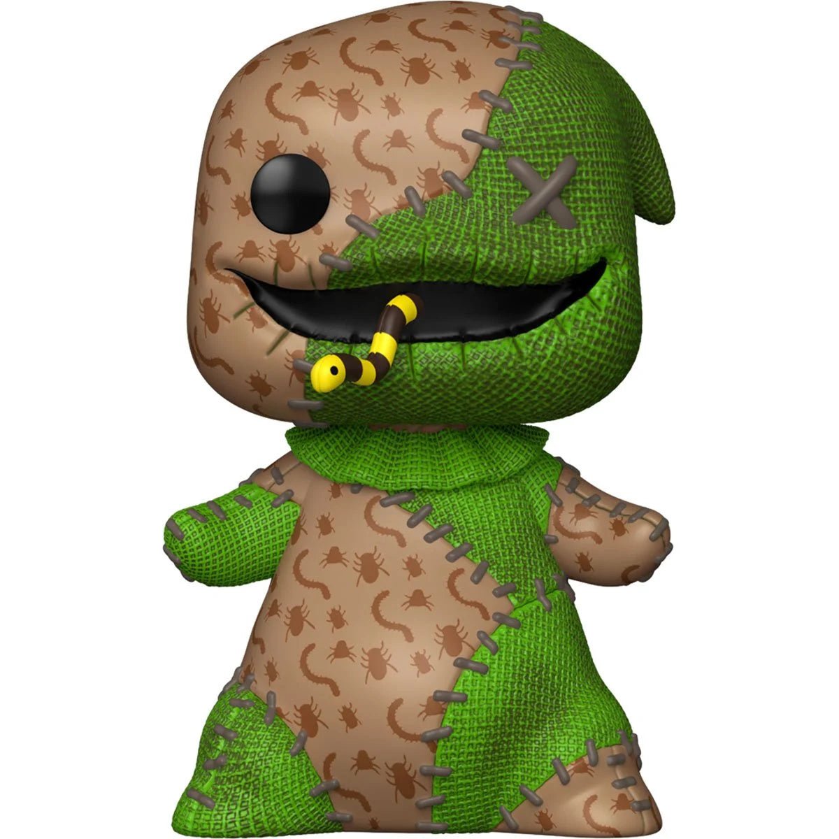 A Funko Pop! figure depicting Oogie Boogie from The Nightmare Before Christmas. Oogie Boogie is stitched together from mismatched pieces of fabric.