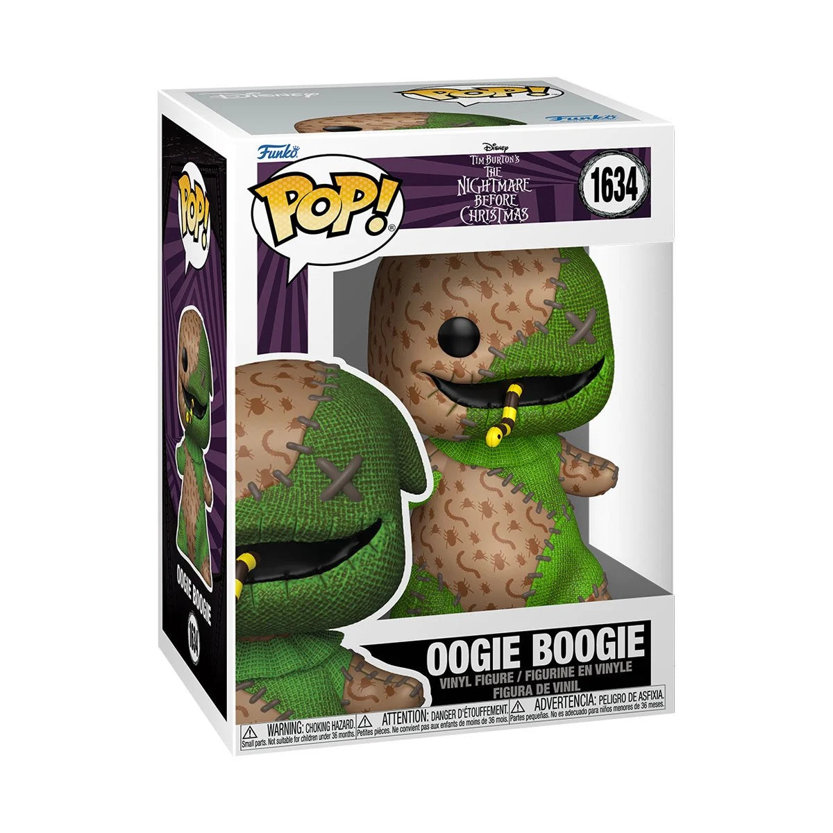 A cardboard box with a transparent front, containing a Funko Pop! figure depicting Oogie Boogie from The Nightmare Before Christmas. Oogie Boogie is stitched together from mismatched pieces of fabric.