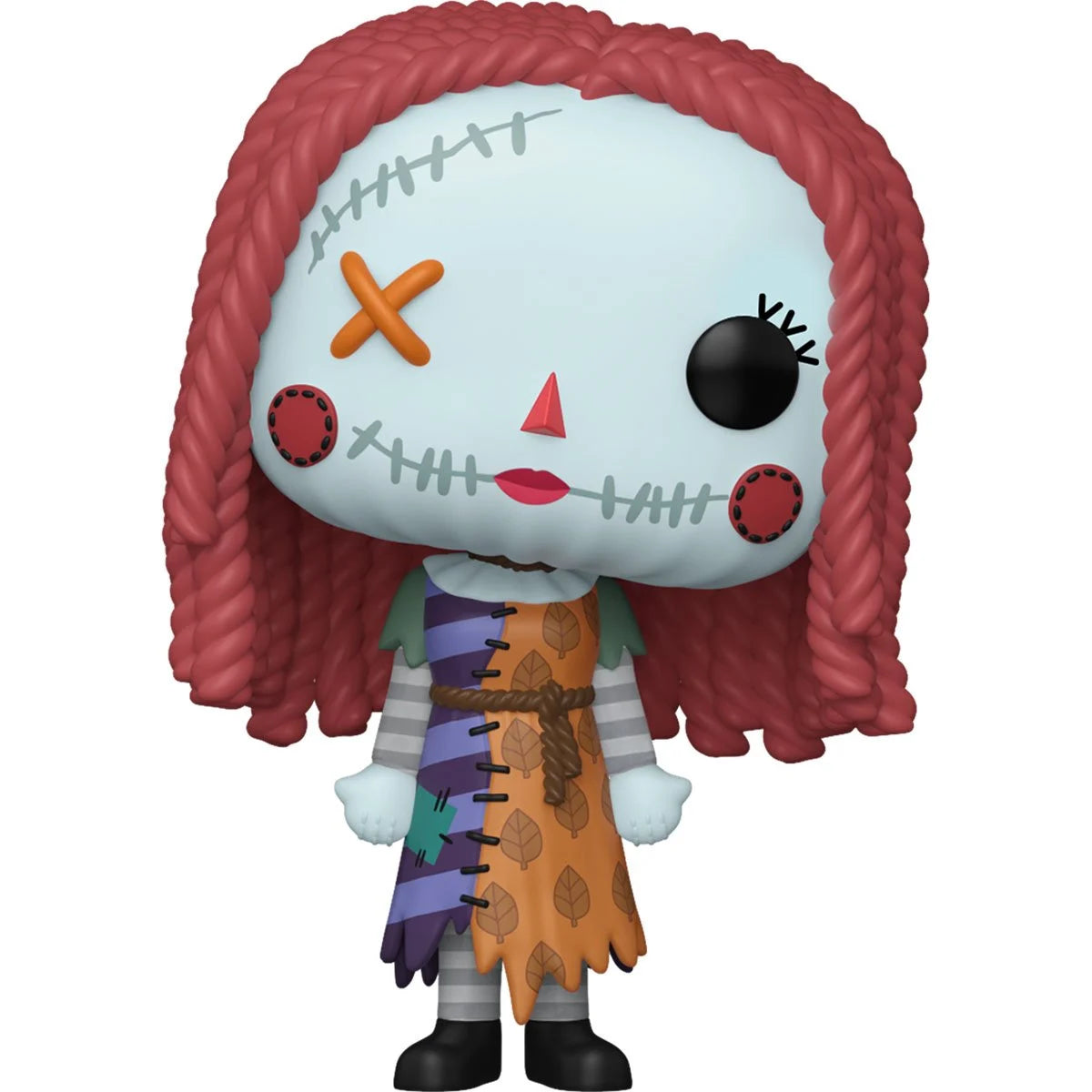 A Funko Pop! figure depicting Sally from The Nightmare Before Christmas. Sally's clothes are stitched together from mismatched pieces of fabric.