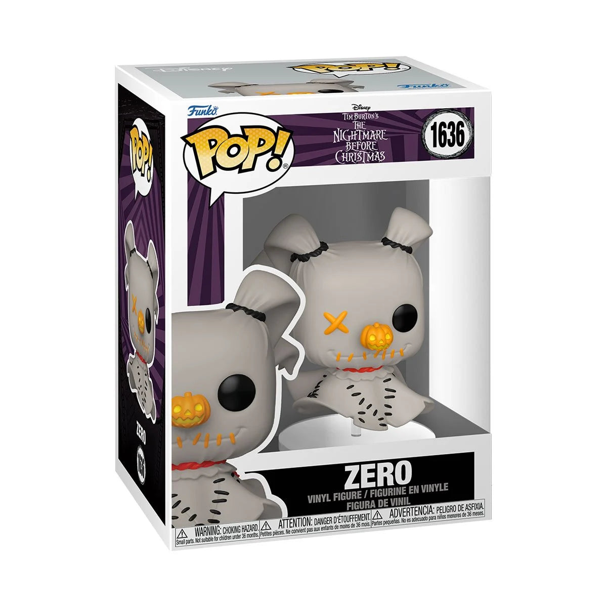 A cardboard box with a transparent front, containing a Funko Pop! figure depicting Zero from The Nightmare Before Christmas. Zero is stitched together from mismatched pieces of fabric.
