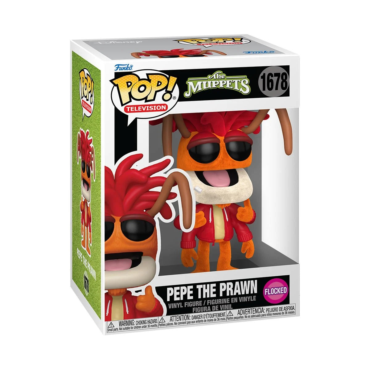 A cardboard box with a transparent front, containing a bobblehead figure depicting Pepe the Prawn in a red sweatshirt.