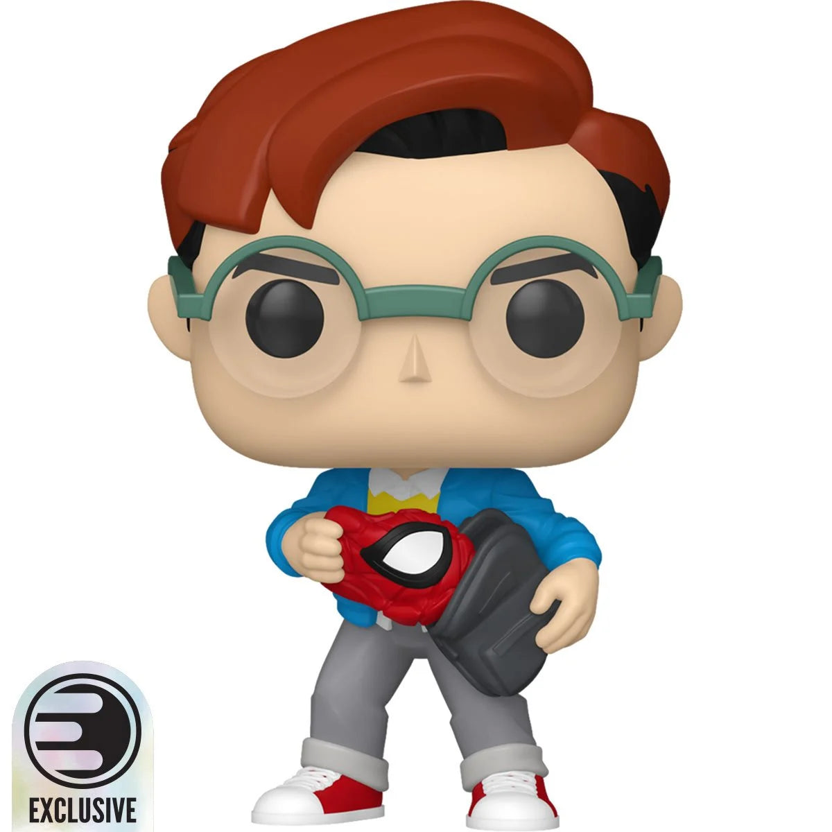 A bobblehead figure depicting Peter Parker pulling his Spider-Man costume out of his backpack.