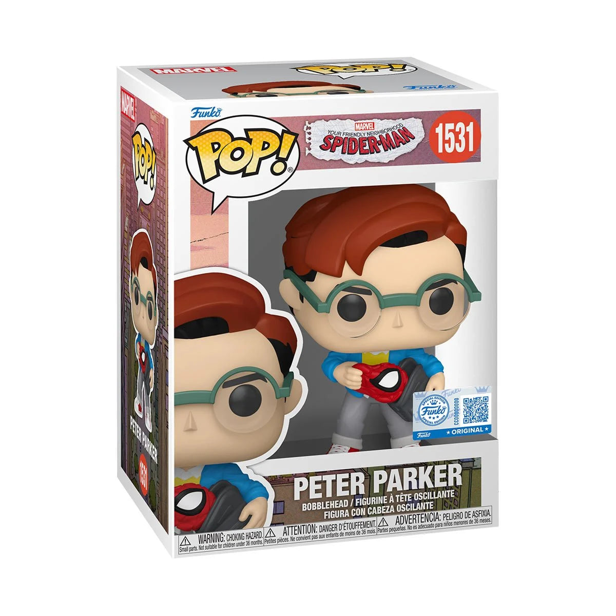 A cardboard box with a transparent front, containing a bobblehead figure depicting Peter Parker pulling his Spider-Man costume out of his backpack.