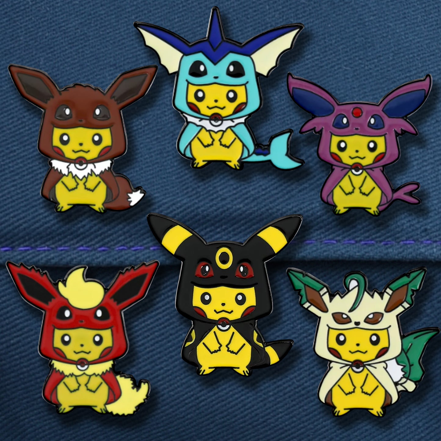 A collection of enamel pins depicting the Pokemon Pikachu dressed as other Pokemon characters