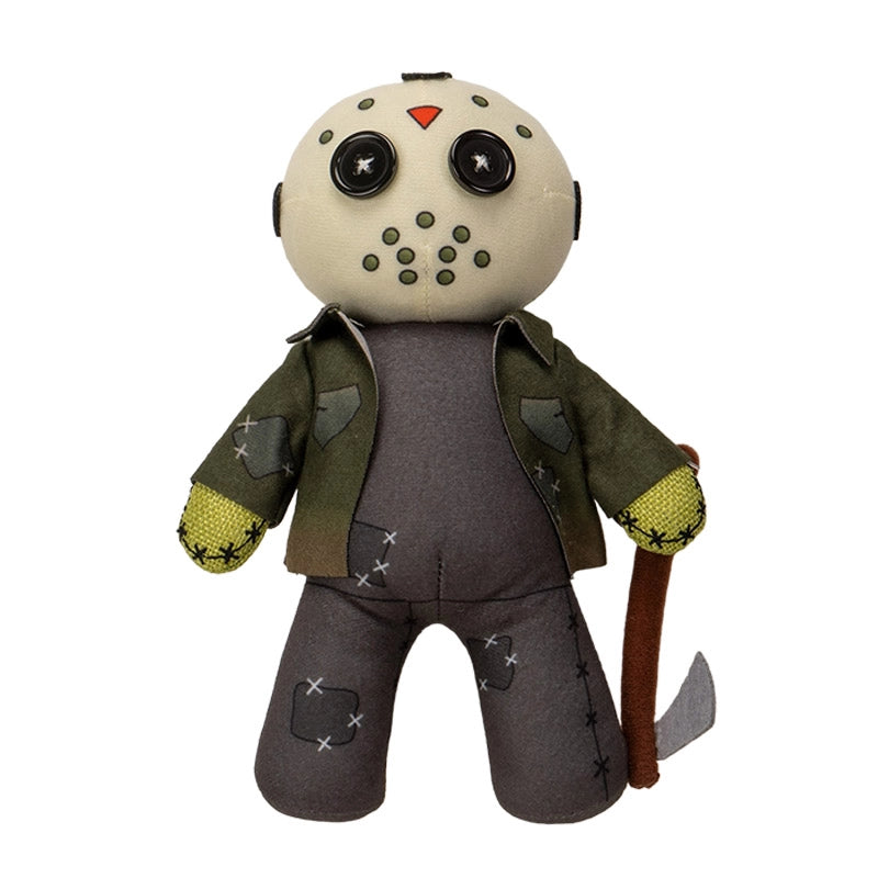 Plush toy resembling a character with a mask, green jacket, and holding an axe on a white background