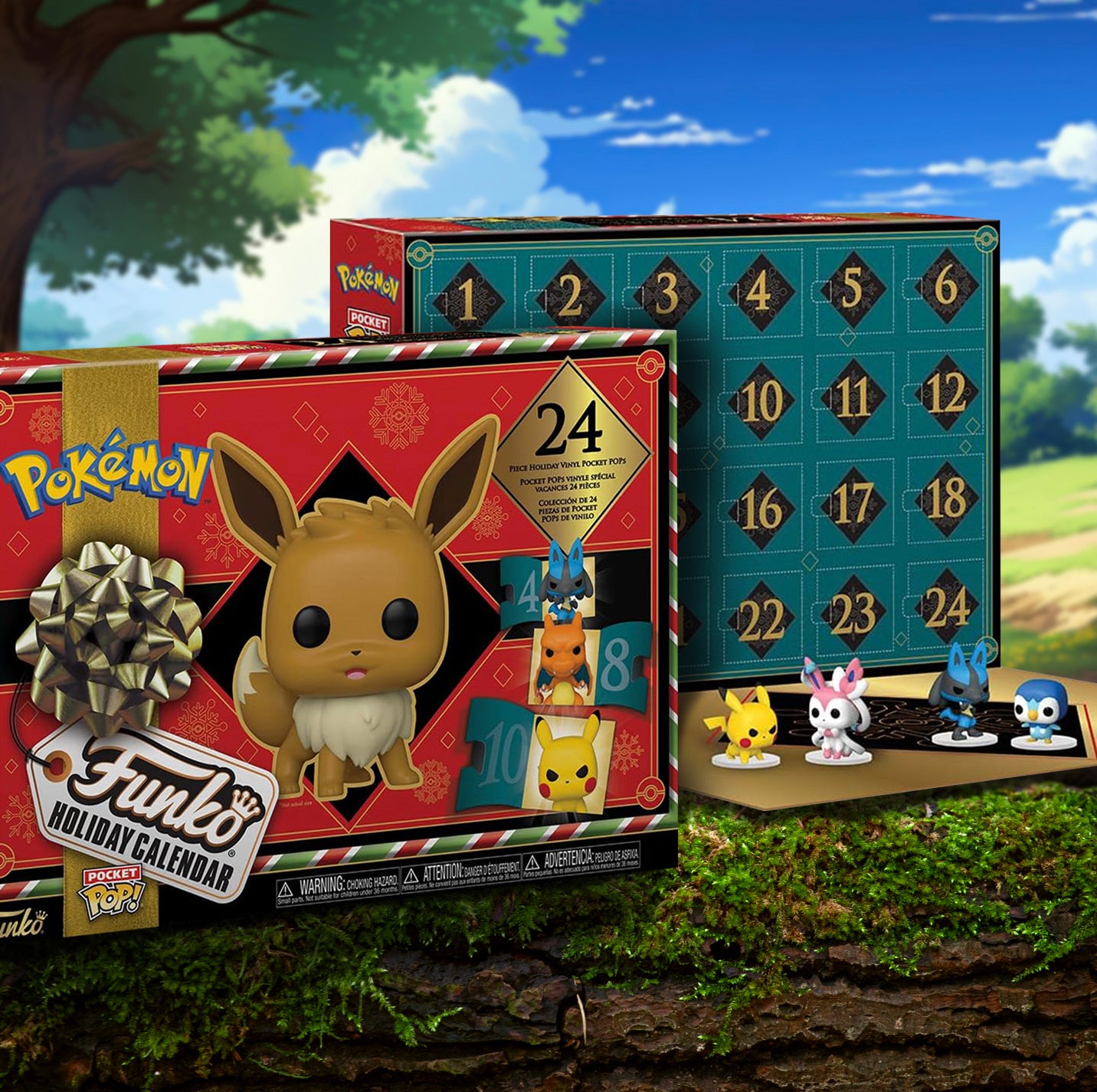 Pokémon Advent calendar with figures and packaging on a mossy log, with trees and a field in the background