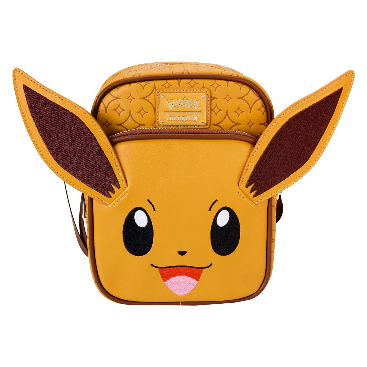 A yellow nylon backpack depicting the Pokemon character Eevee on the back, with long brown ears sticking up at the top corners. The backpack has two large black eyes with white dots, and a red and pink mouth. At the top is a metal sticker with "Pokemon, Loungefly" printed on it.