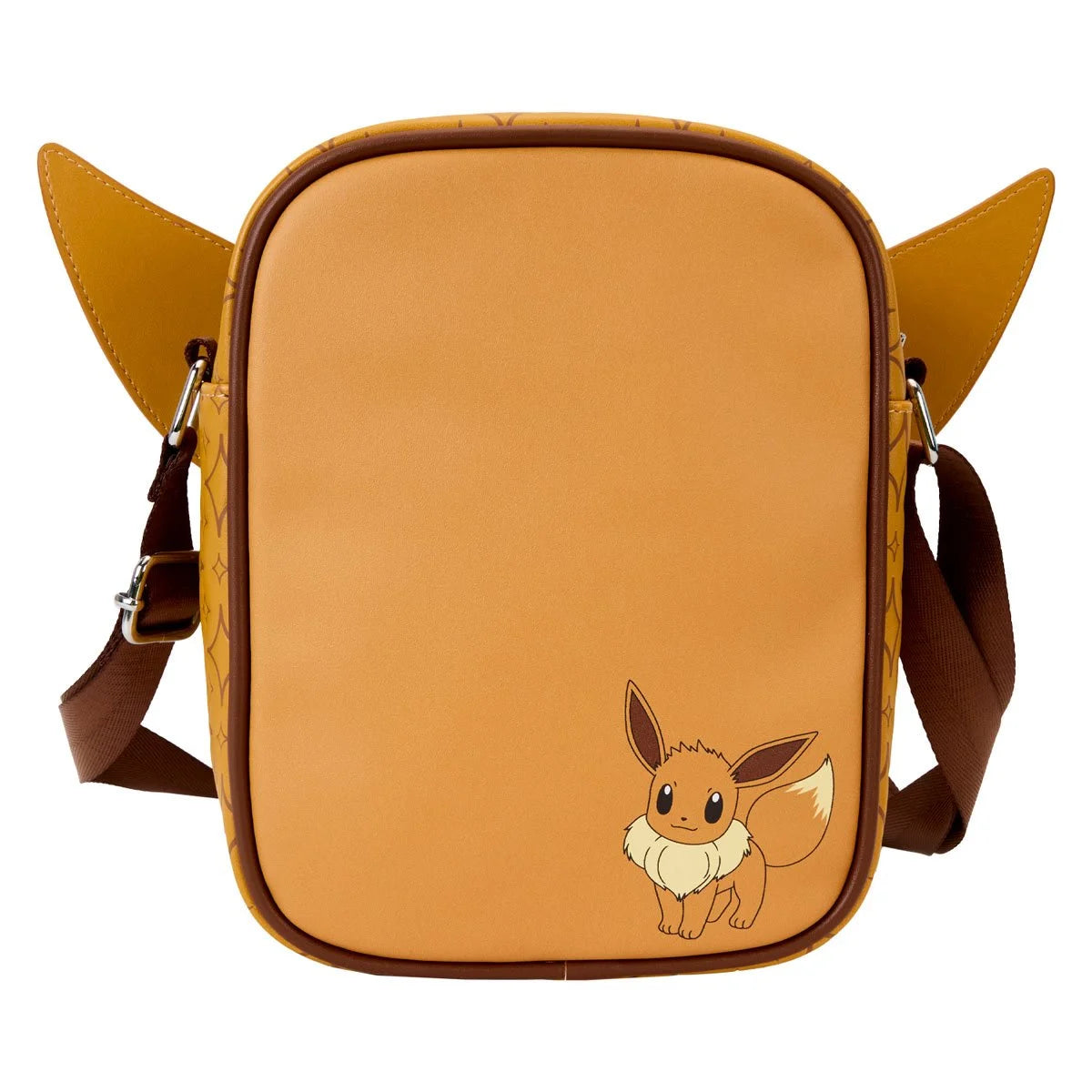 The back of a yellow nylon backpack, with the Pokemon character Eevee drawn at the bottom right corner. The bag has long ears sticking out at the top corners. A brown strap is attached at the side.