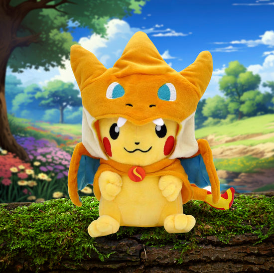 A Pikachu plush wearing a hood/poncho inspired by the pokemon Charizard. It is set against a grassy background with blue skies.