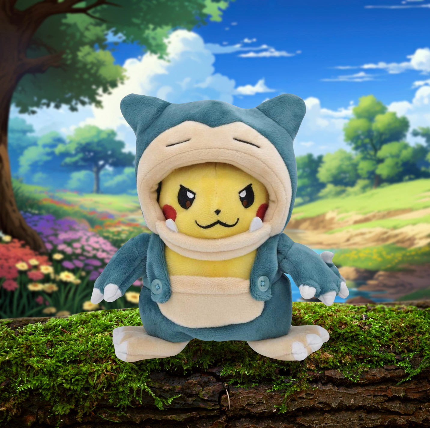 A Pikachu plush wearing a hood/poncho inspired by the pokemon Snorlax, as well as a small outfit inspired by the same. It is set against a grassy background with blue skies.