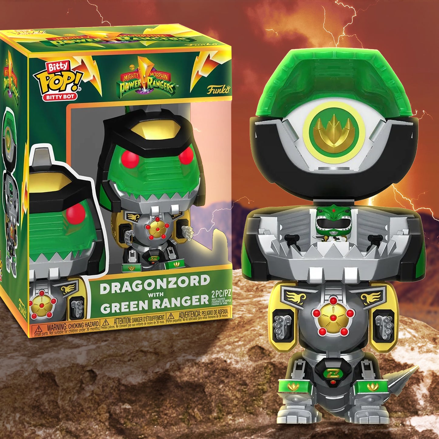 Green Ranger Dragonzord toy and packaging on a fiery background