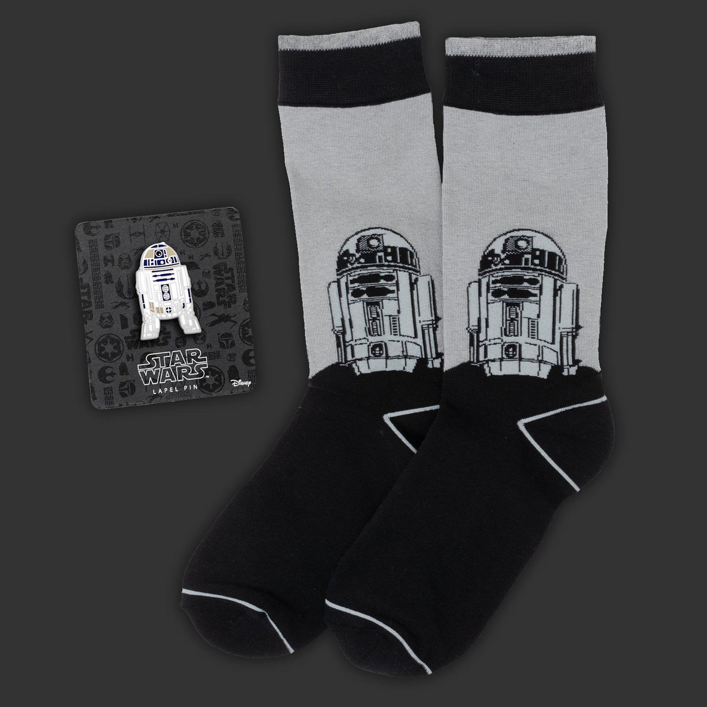 Star Wars R2-D2 Men's Gray and Black Dress Socks and Lapel Pin Gift Set | Socks