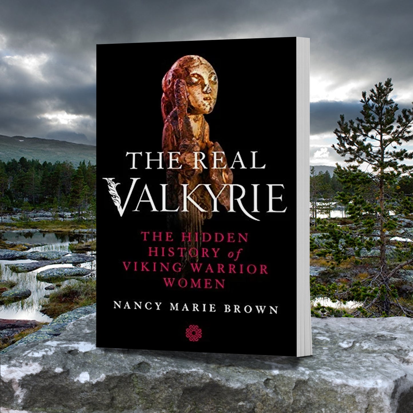 A black book on a grey stone, with trees and a lake in the background. In the center of the book is an image of a female figure carved out of stone. White and red text says "THe real valkyrie: the hidden history of viking warrior women, Nancy Marie Brown."