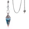A metal pendulum on a chain, with a light blue cone-shaped crystal at the end.