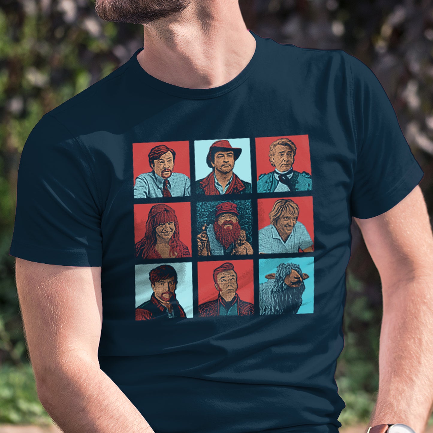 Navy blue t-shirt with graphic of nine portraits on a person wearing it outdoors.
