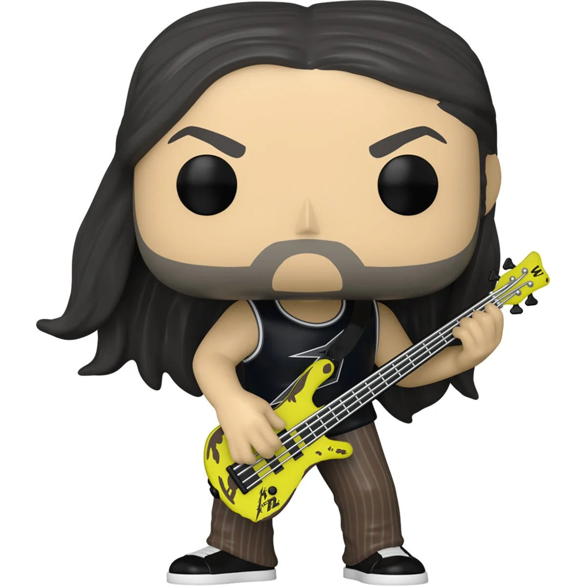 A bobblehead figure depicting Robert Trujillo from the band Metallica, against a white background. Robert is holding a yellow bass guitar, and is wearing a pair of brown striped pants.
