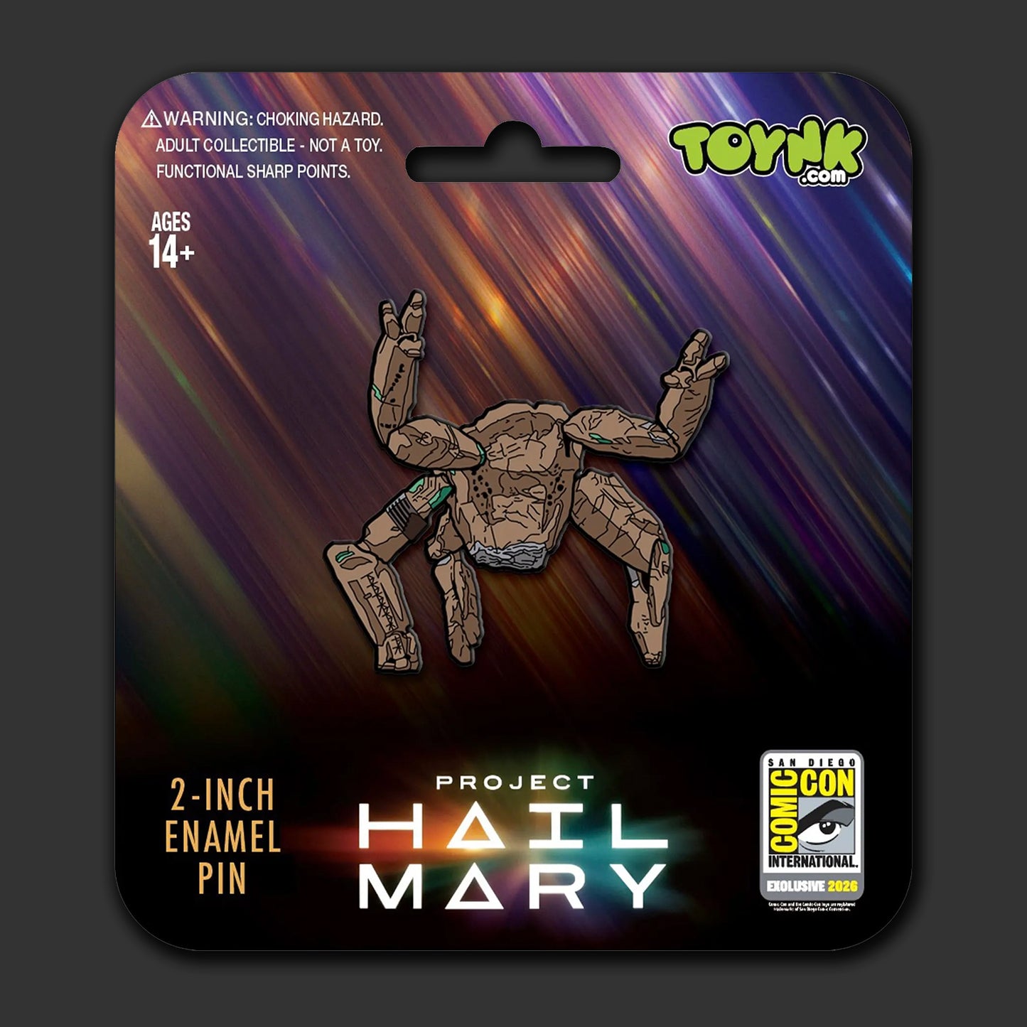An enamel pin depicting Rocky from the movie Project Hail Mary, on a backing card.