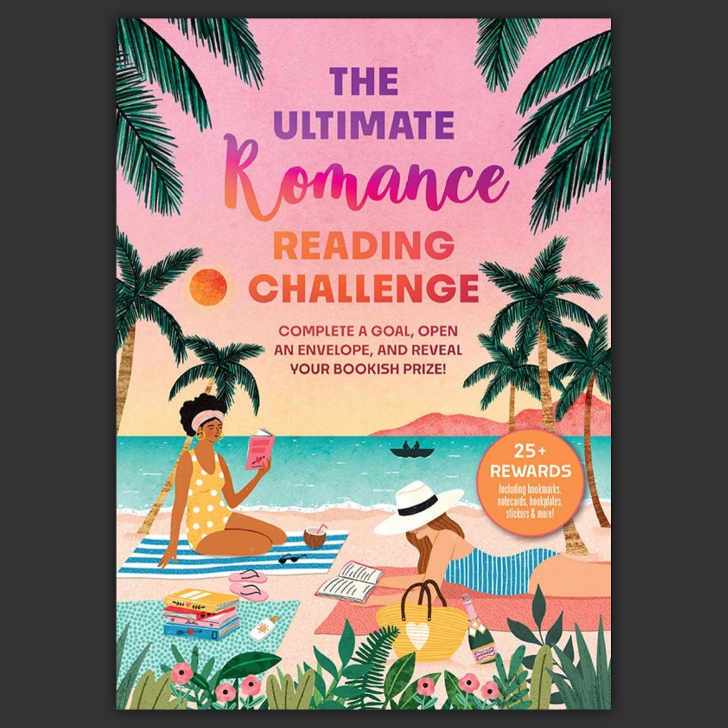 A romance-novel themed binder, featuring a drawing of beachgoers reading in front of the water. Text at the top says The ultimate romance reading challenge.