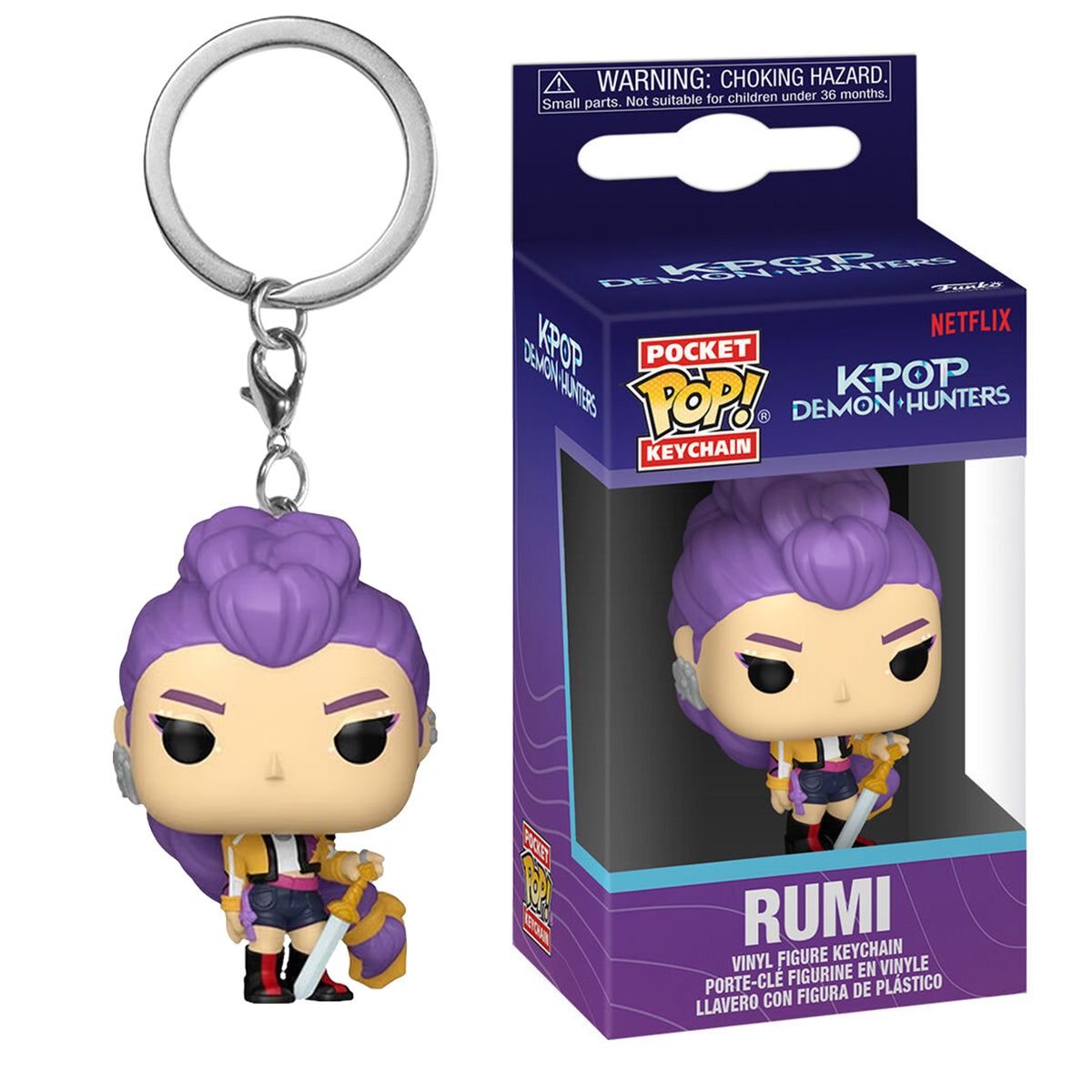 A keychain depicting Rumi from KPop Demon Hunters