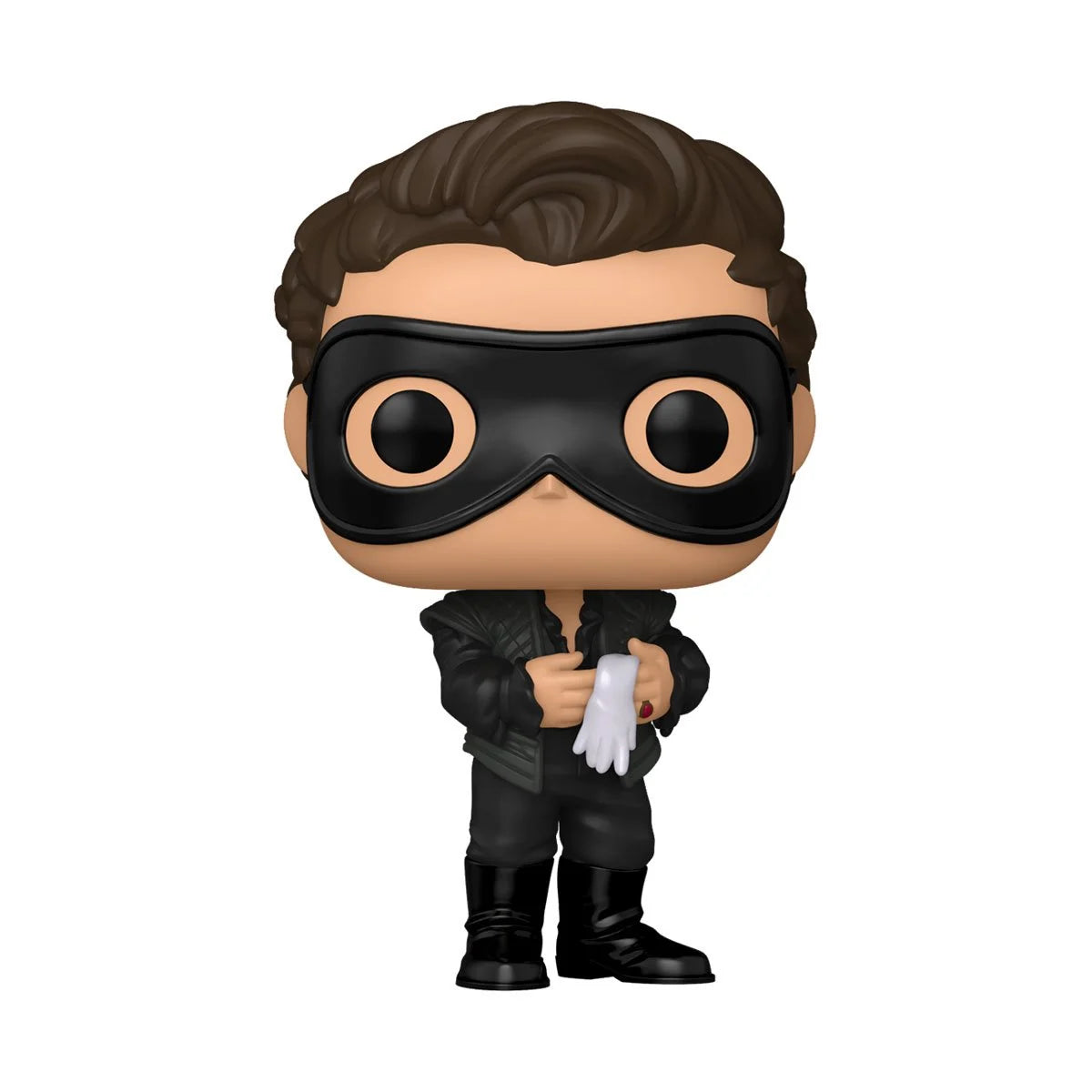 A bobblehead figure depicting Benedict Bridgerton, dressed in black with a black mask over his eyes. He's carrying a pair of white gloves in his hands.