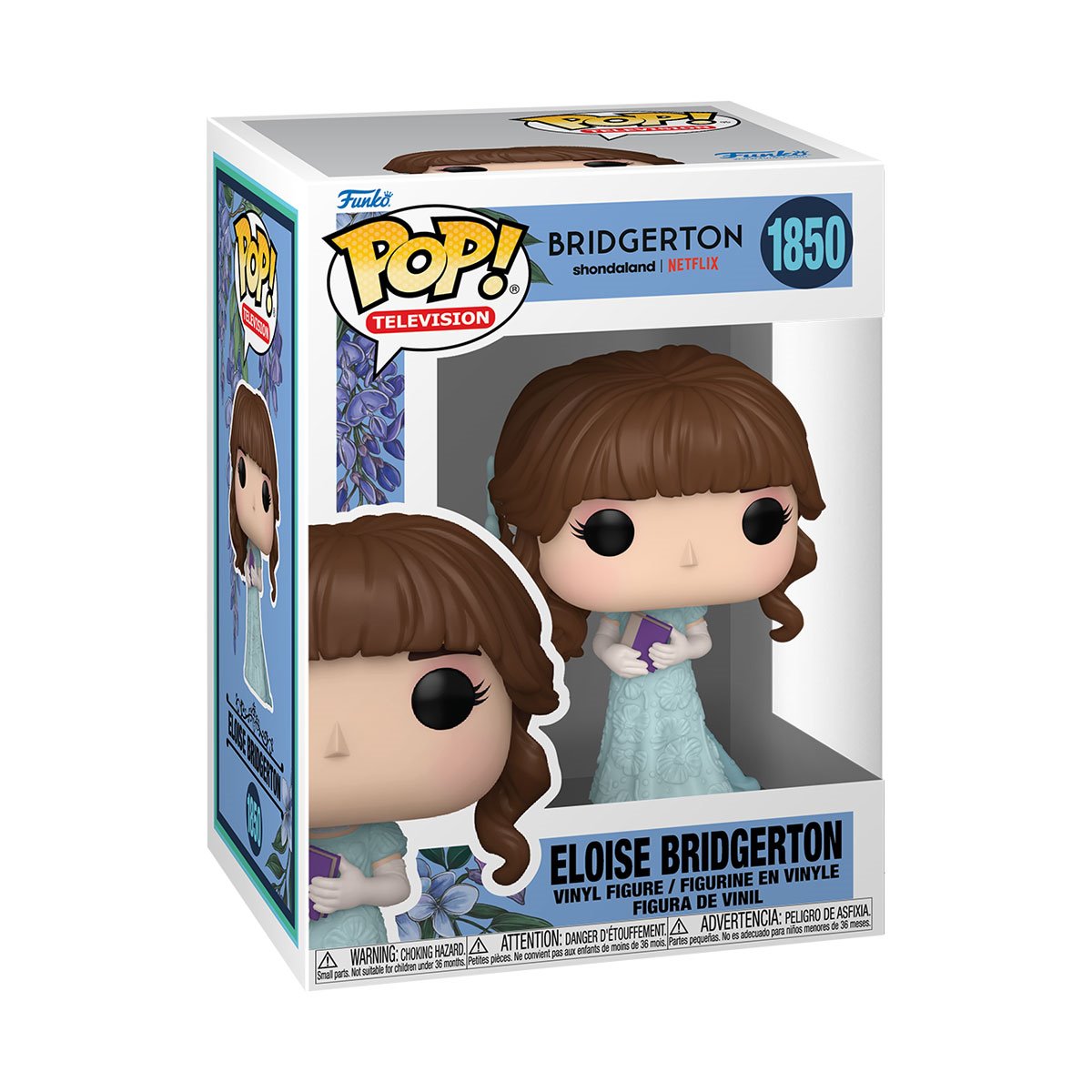 A cardboard box with a transparent front, containing a bobblehead figure depicting Eloise Bridgerton, wearing a light blue gown. She is carrying a purple book in her hands.