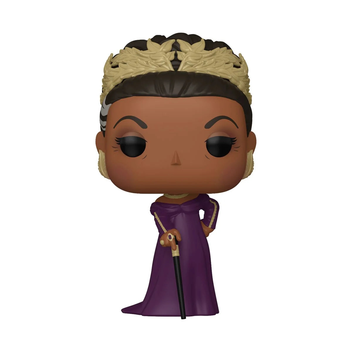 A bobblehead figure depicting Lady Danbury, wearing a purple gown and a golden crown. She is carrying a walking stick in one hand.