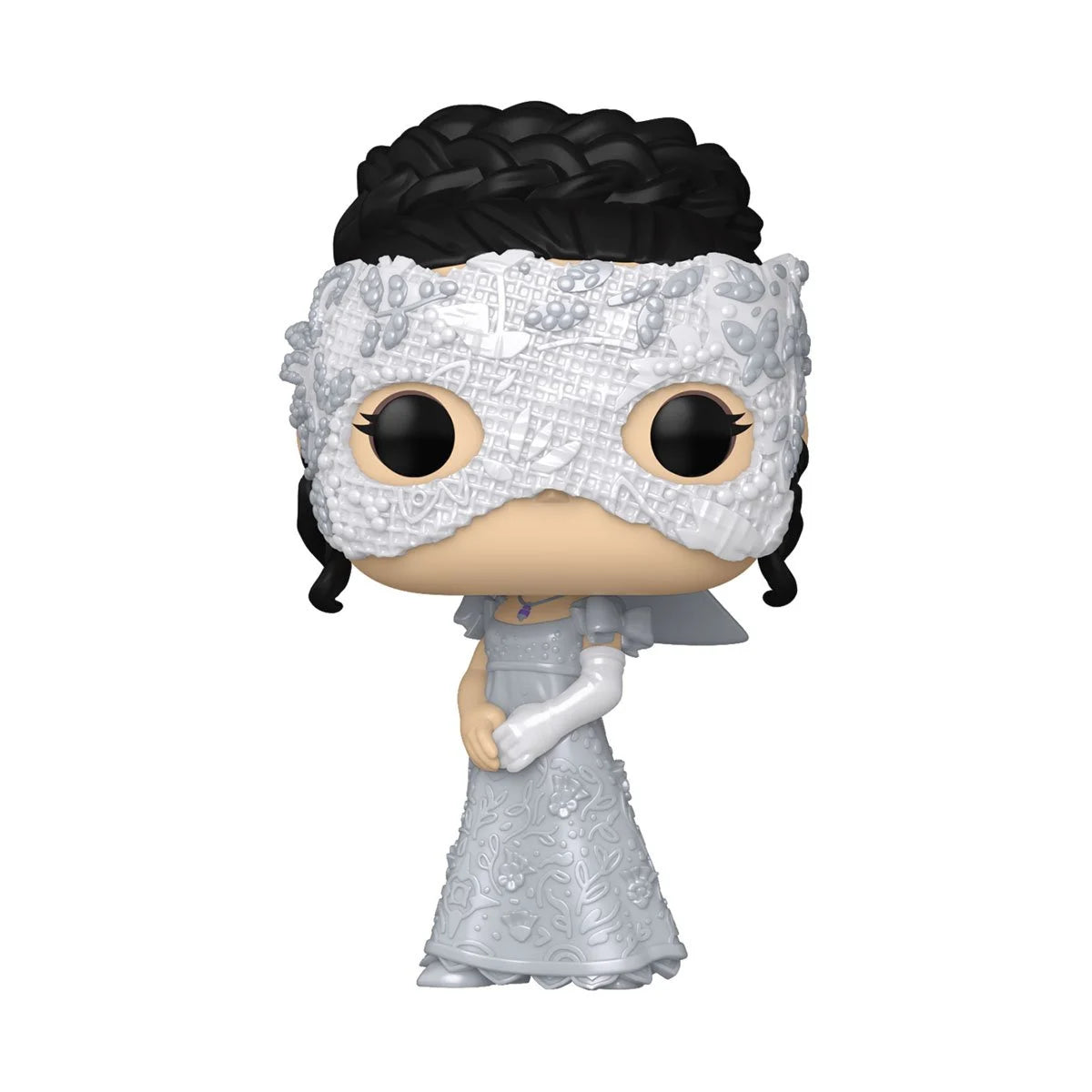 A bobblehead figure depicting Sophie Baek, wearing a silver gown with a silver mask over her eyes. One arm has a long white glove on it.