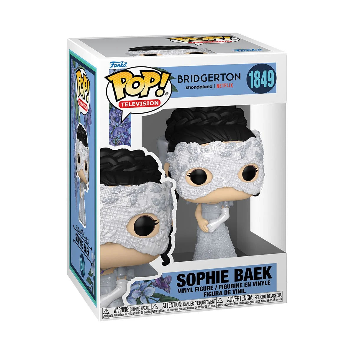 A cardboard box with a transparent front, containing a bobblehead figure depicting Sophie Baek, wearing a silver gown with a silver mask over her eyes. One arm has a long white glove on it.
