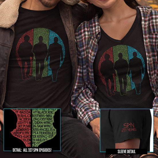 Two models wearing black shirts. The shirt features silhouettes of Sam and Dean Winchester and Castiel. Behind them is a circle split into vertical thirds - a red slice behind Sam, green behind Dean, and blue behind Castiel. The circle is filled with the titles of all 327 episodes of Supernatural in black font. One short sleeve reads 'SPN 20 YEARS' in a capital font with a 'carved' effect.