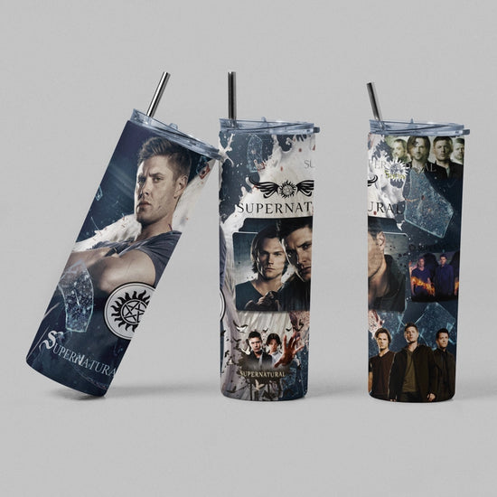 Three tumblers side by side. The background has a distressed pattern, with a collage of SPN characters across it. Each tumbler shows a piece of the full image wrapped around it.