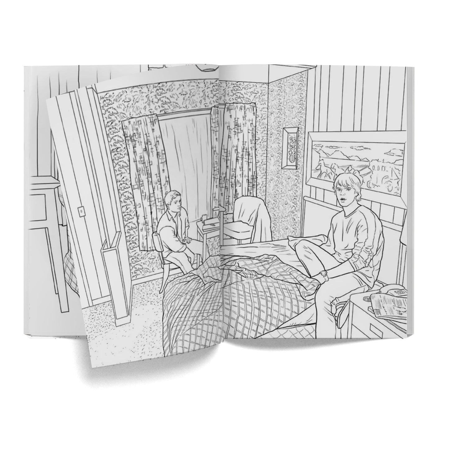 A black and white drawing of Sam and Dean sitting in a run down motel room.