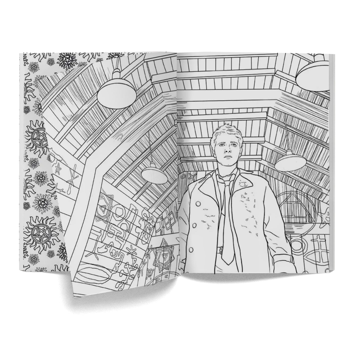 A black and white page of the coloring book, showing Castiel in a wooden room with hex symbols on the walls.