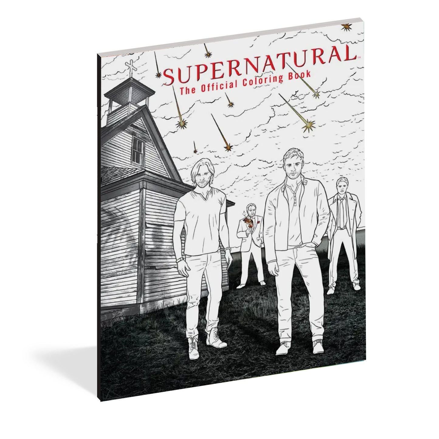 A black and white drawing of Sam, Dean, Castiel, and Crowley standing next to a church. 