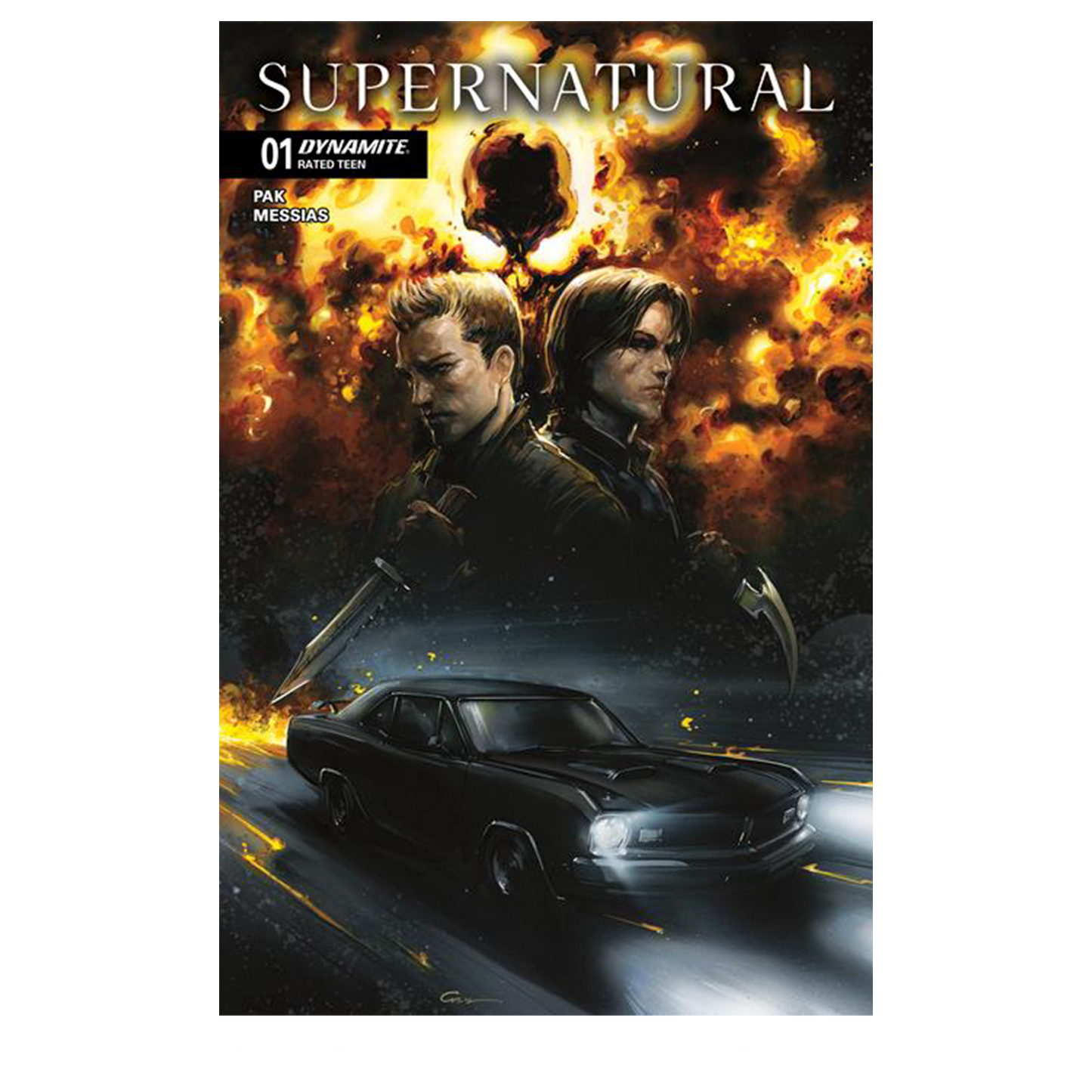 An image of Issue number 1 of the Supernatural comic book. The cover depicts a drawing of Sam and Dean Winchester above a drawing of a black 1967 Chevy Impala. Behind them is a cloud of flames. White text at the top says "Supernatural. 01"
