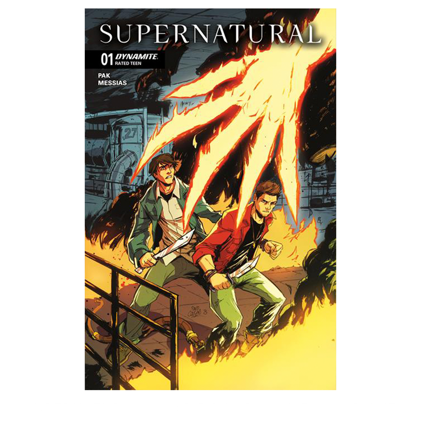 An image of Issue number 1 of the Supernatural comic book. The cover depicts a drawing of Sam and Dean Winchester battling a giant fiery hand in a factory. White text at the top says "Supernatural. 01"