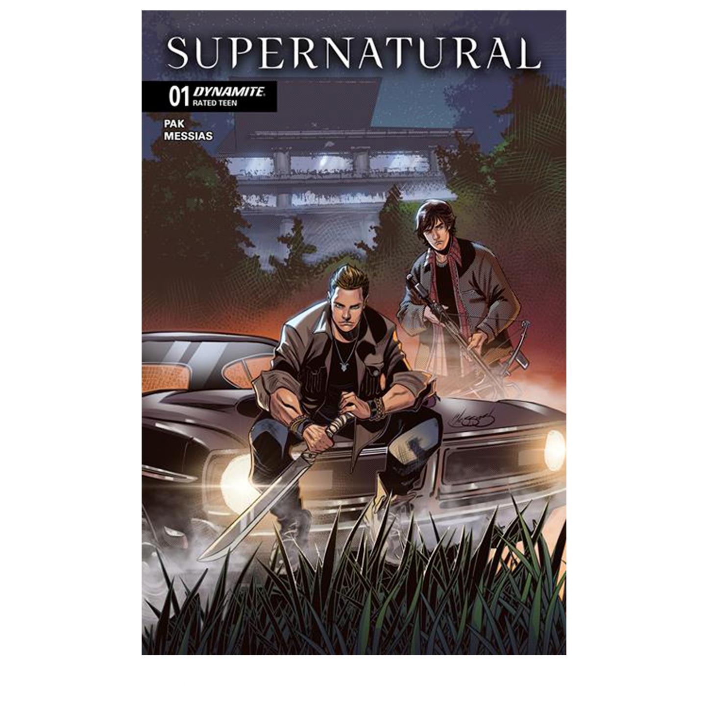 An image of Issue number 1 of the Supernatural comic book. The cover depicts a drawing of Sam and Dean Winchester sitting on the hood of a black 1967 Chevy Impala. In the background are trees and a large factory. White text at the top says "Supernatural. 01"