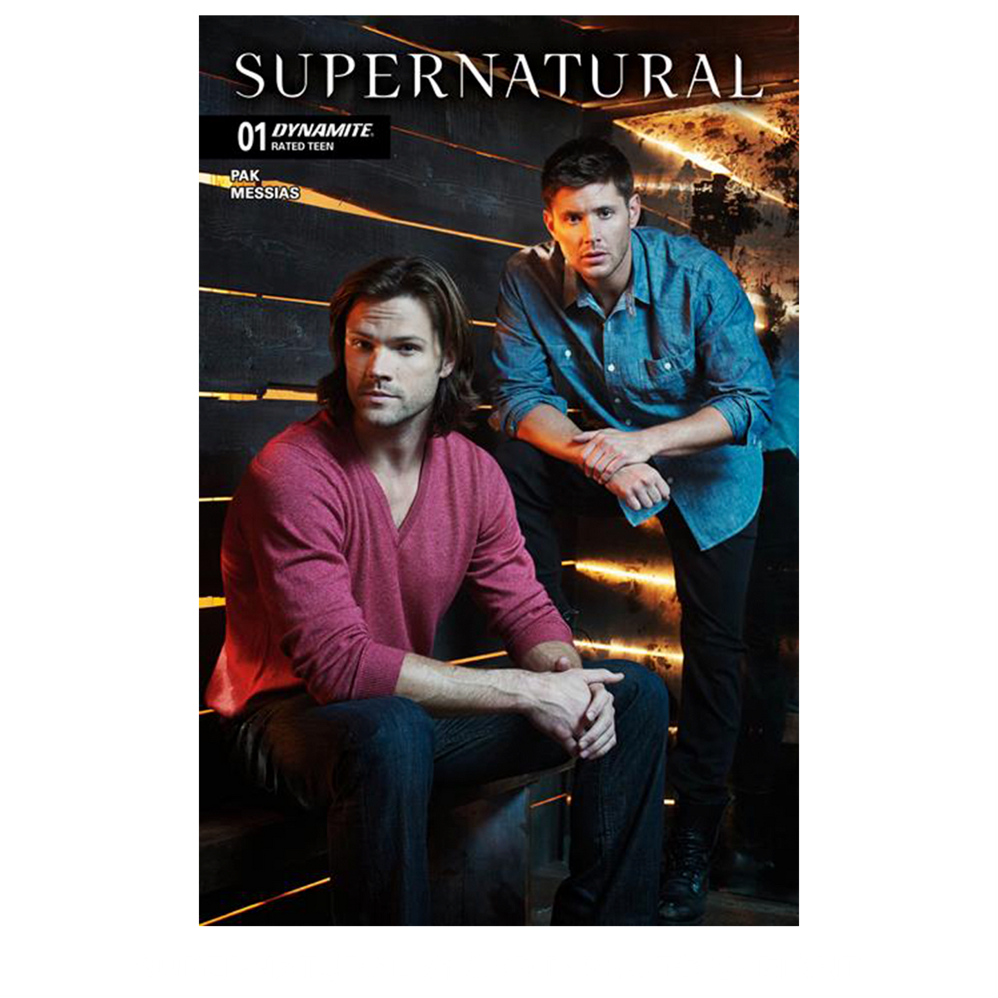 An image of Issue number 1 of the Supernatural comic book. The cover depicts Sam and Dean Winchester sitting against a slatted wooden wall. White text at the top says "Supernatural. 01"