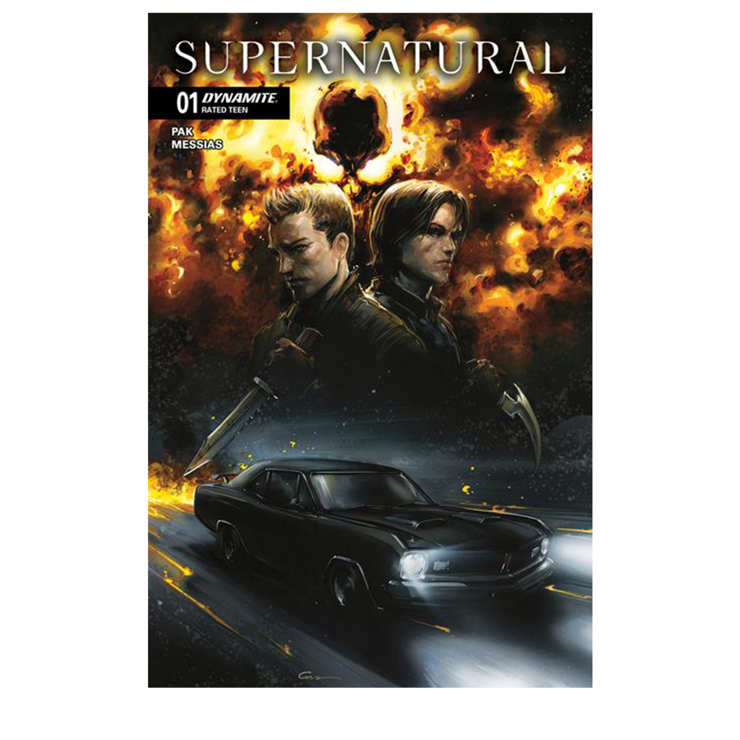 An image of Issue number 1 of the Supernatural comic book. The cover depicts a drawing of Sam and Dean Winchester above a drawing of a black 1967 Chevy Impala. Behind them is a cloud of flames. White text at the top says "Supernatural. 01"
