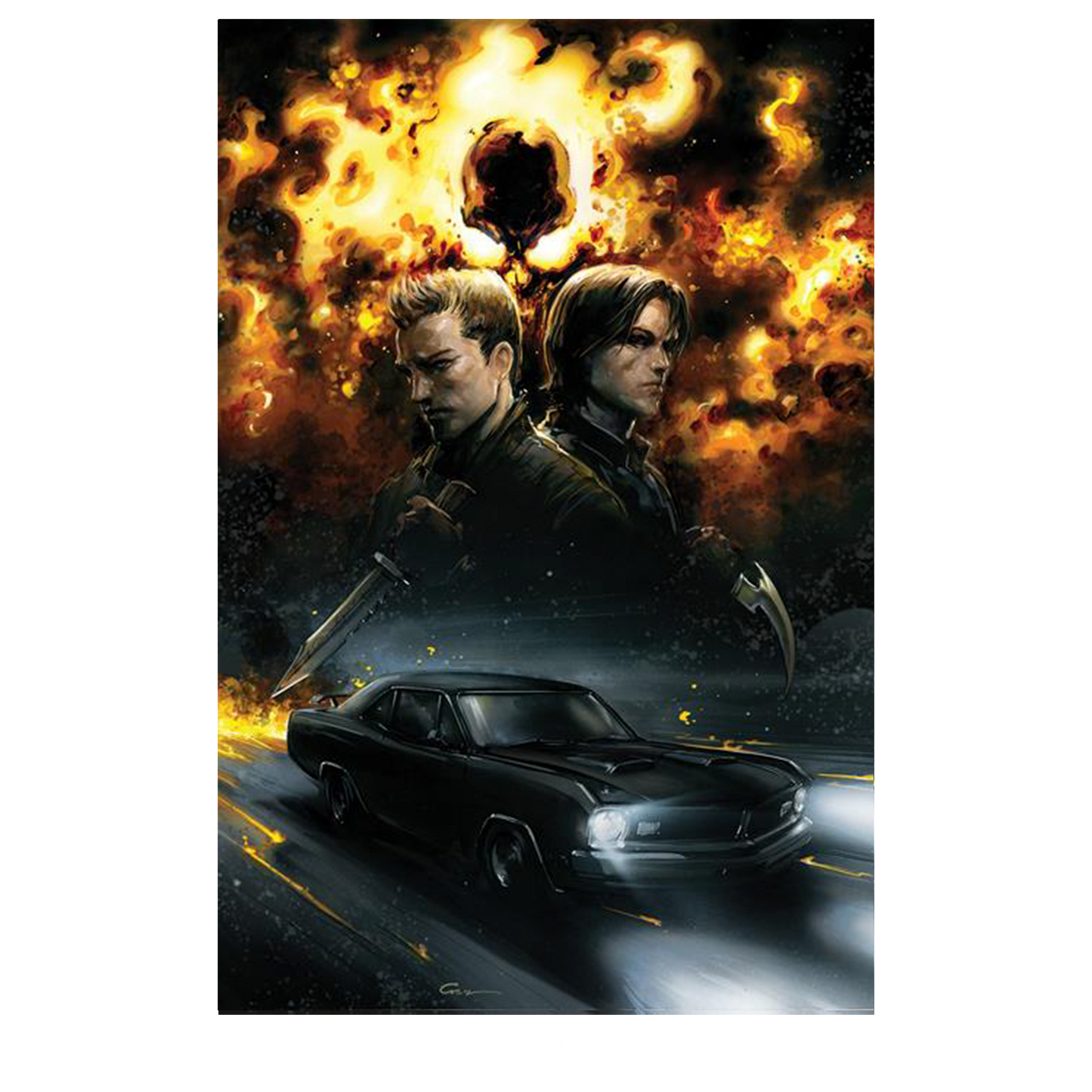 An image of Issue number 1 of the Supernatural comic book. The cover depicts a drawing of Sam and Dean Winchester above a drawing of a black 1967 Chevy Impala. Behind them is a cloud of flames. White text at the top says "Supernatural. 01"