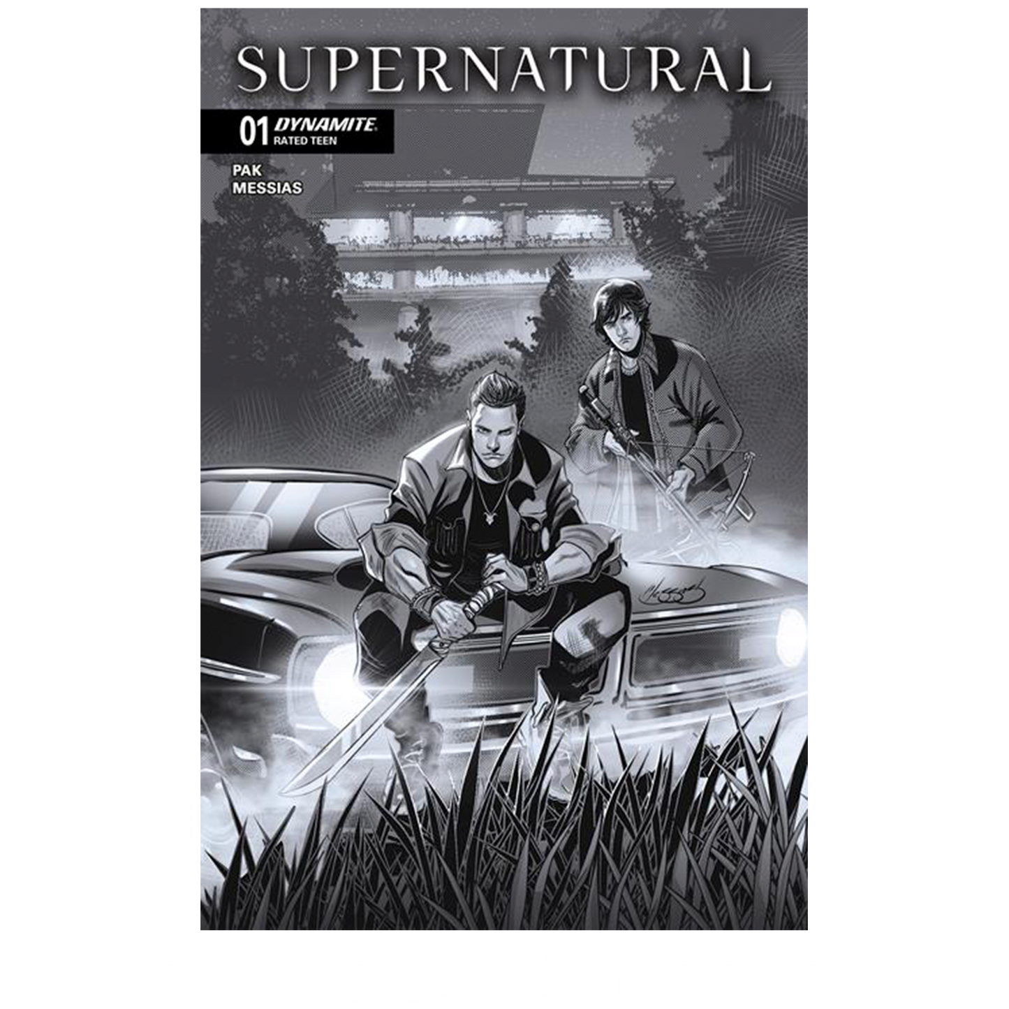 An image of Issue number 1 of the Supernatural comic book. The cover depicts a black and white drawing of Sam and Dean Winchester sitting on the hood of a black 1967 Chevy Impala. In the background are trees and a large building. White text at the top says "Supernatural. 01"