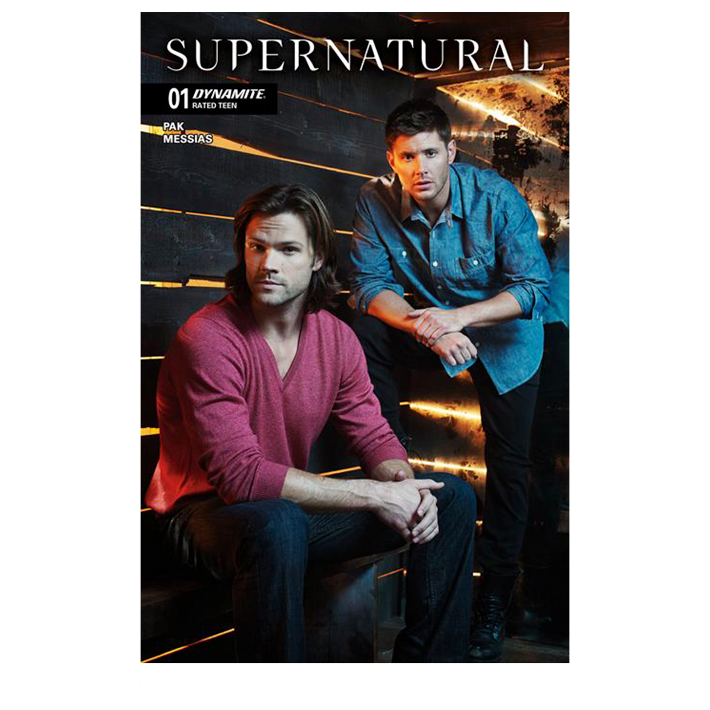 An image of Issue number 1 of the Supernatural comic book. The cover depicts Sam and Dean Winchester sitting against a slatted wooden wall. White text at the top says "Supernatural. 01"
