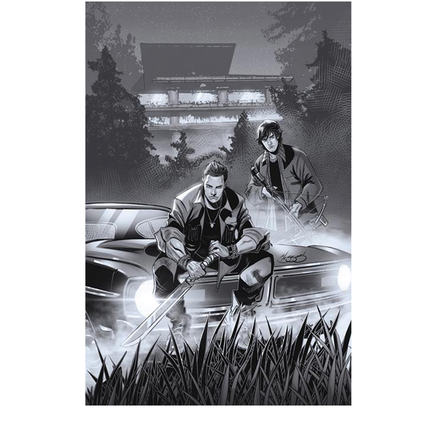 An image of Issue number 1 of the Supernatural comic book. The cover depicts a black and white drawing of Sam and Dean Winchester sitting on the hood of a black 1967 Chevy Impala. In the background are trees and a large factory building. 