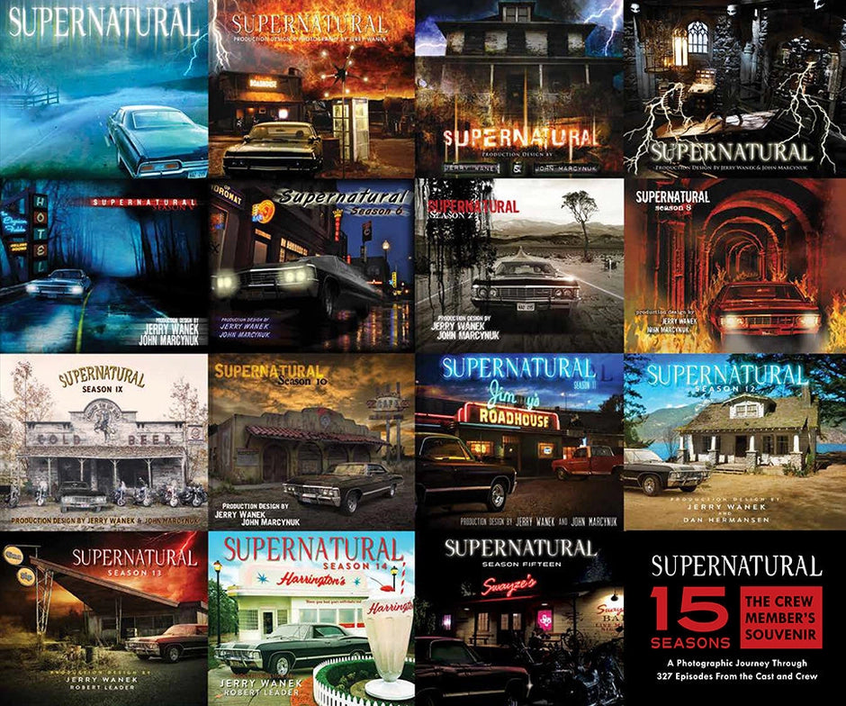 A book cover, made up of a a collage of images from15 seasons of the TV series Supernatuural. At the bottom right corner is a black square with white and red text saying "supernatural, 15 seasons: the crew member's souvenir. A photographic journey through 327 episodes from the cast and crew."