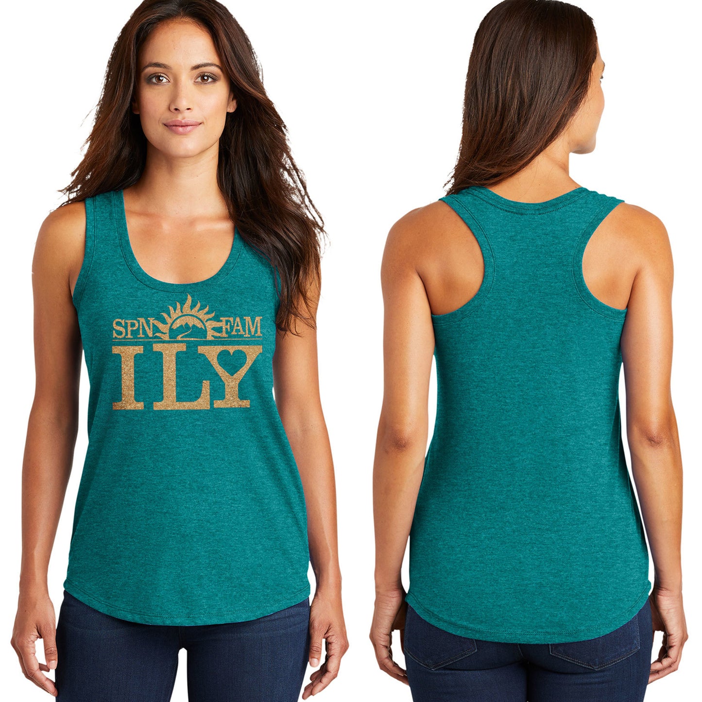 Front and back image of a female model in a teal tank top. On the front is gold text that says SPN FamILY