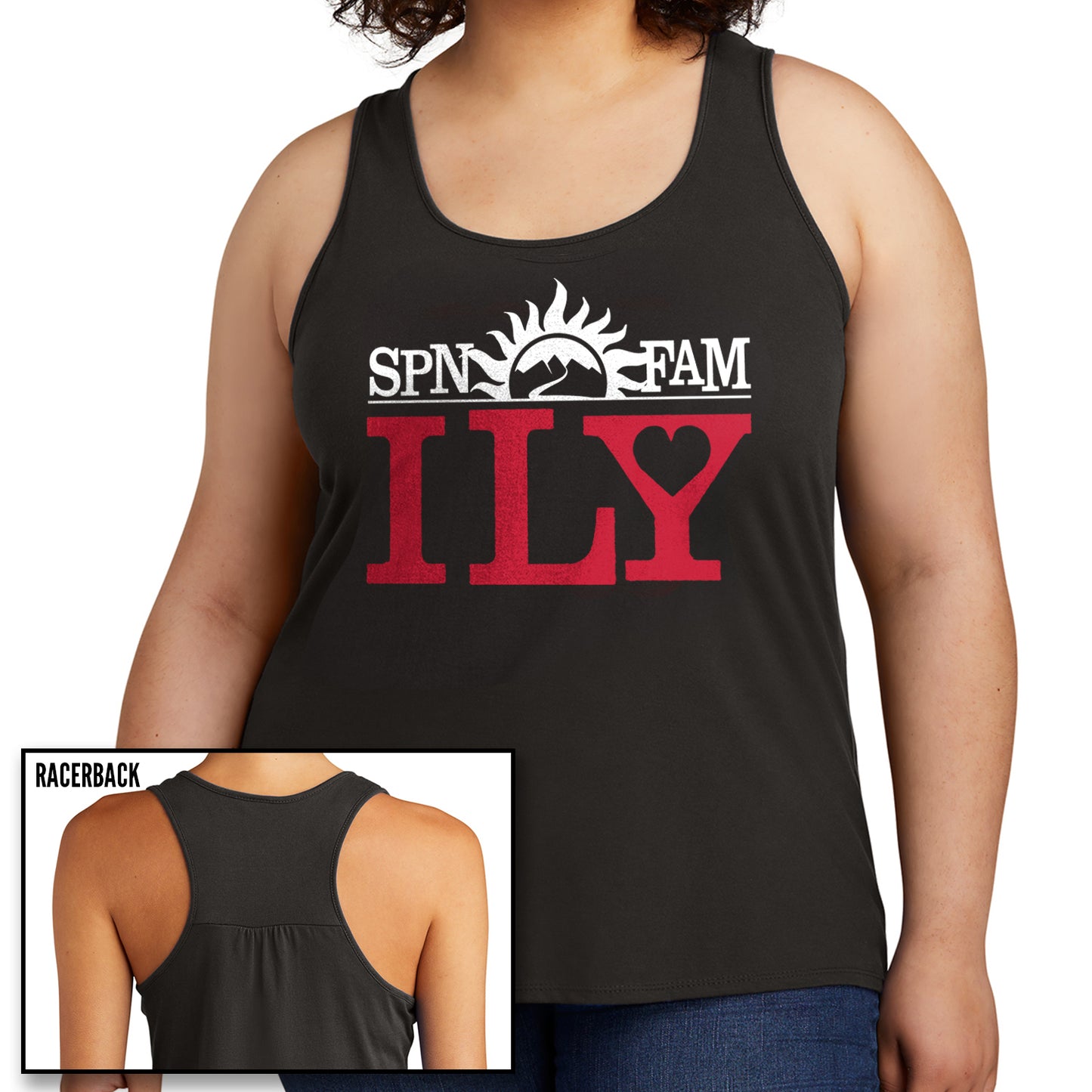 Black tank top with 'SPN FAM ILY' text design on a white background