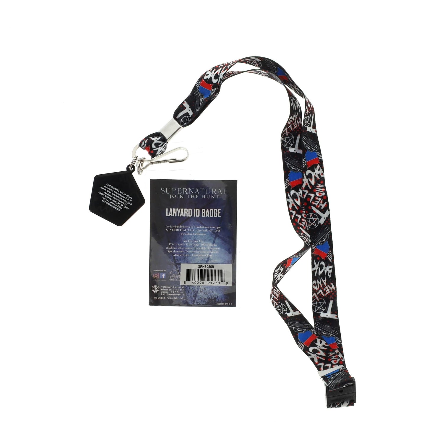 A lanyard with an anti-possession charm in red and black attached to the end. The lanyard features "to hell and back" in white text. Next to the lanyard is a badge featuring Sam and Dean Winchester. A red and blue road symbol at the top has white text saying to hell and back.