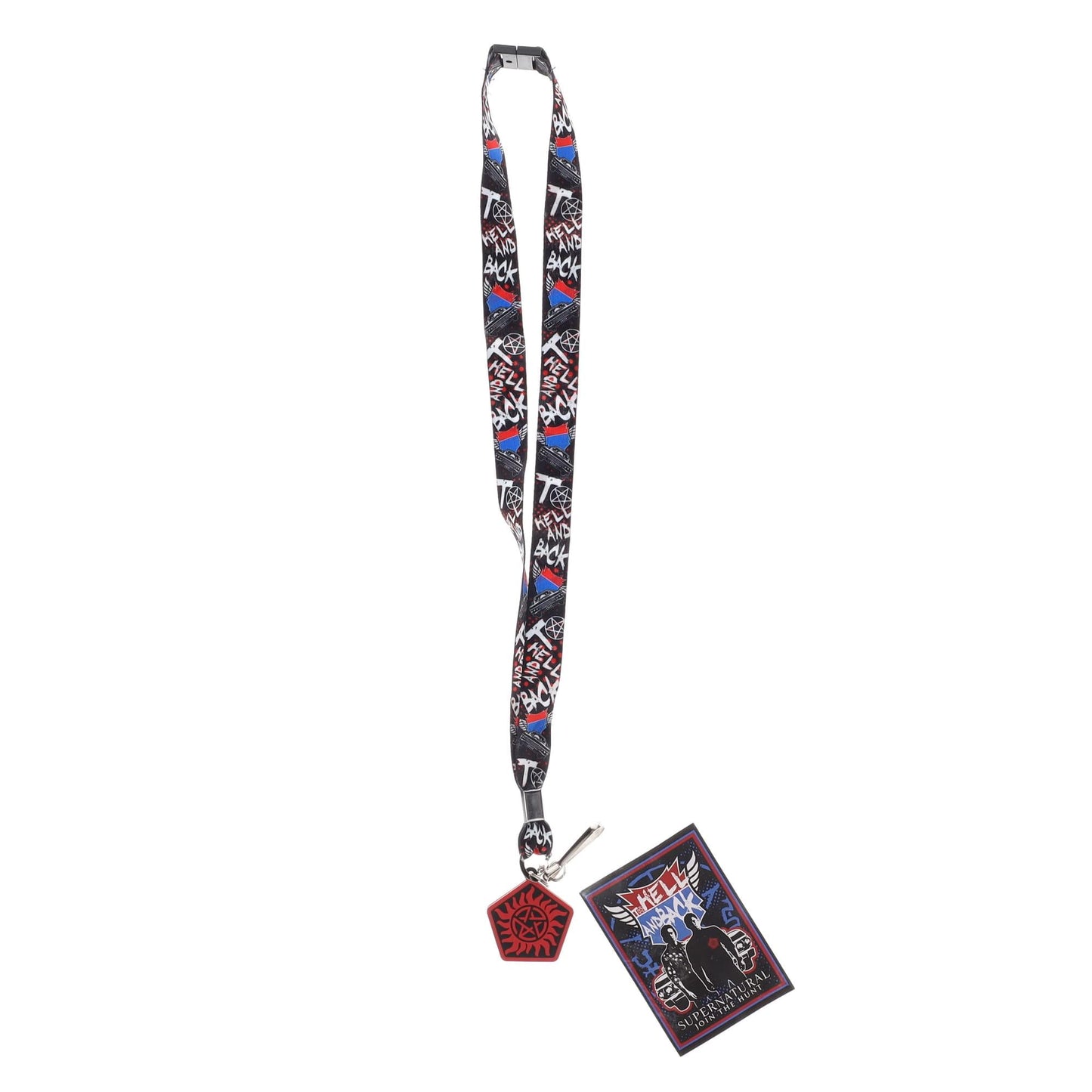 A lanyard with an anti-possession charm in red and black attached to the end. The lanyard features "to hell and back" in white text. Next to the lanyard is a badge featuring Sam and Dean Winchester. A red and blue road symbol at the top has white text saying to hell and back.