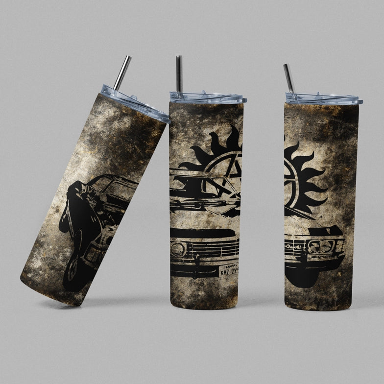 Three tumblers against a grey background. The tumblers have a distressed mottled tan and grey background, with stenciled depictions of a 1967 Impala and the anti-possession symbol in black.