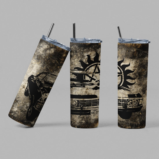 Three tumblers against a grey background. The tumblers have a distressed mottled tan and grey background, with stenciled depictions of a 1967 Impala and the anti-possession symbol in black.